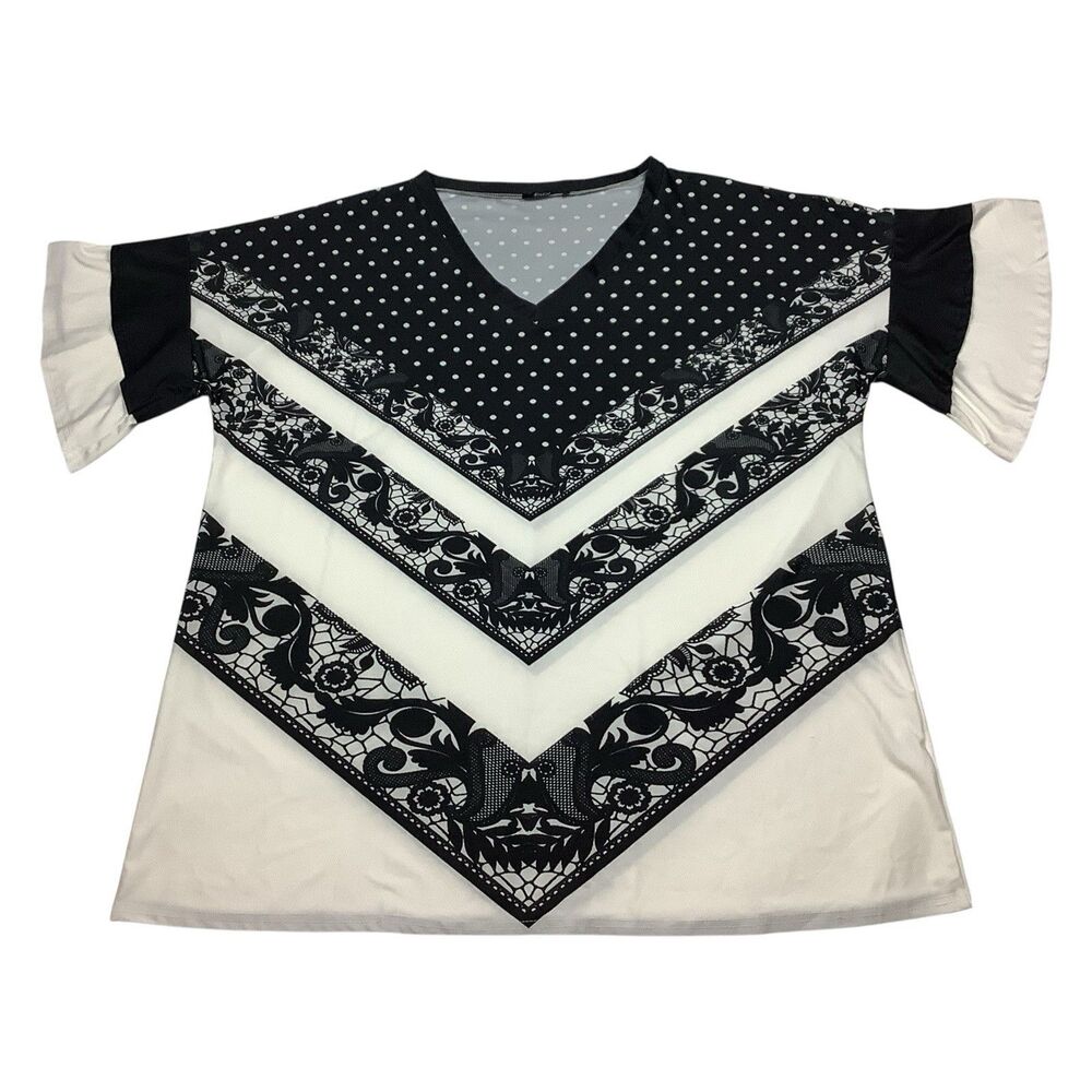 Black White V-Neck Ruffle Sleeve Top Liquid Knit Jersey Women 4XL Geometric Dot